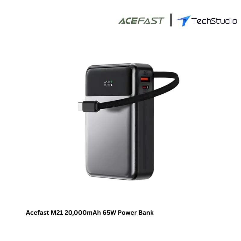 Acefast M21 20,000mAh 65W Power Bank with Attached Type-C Cable - Black