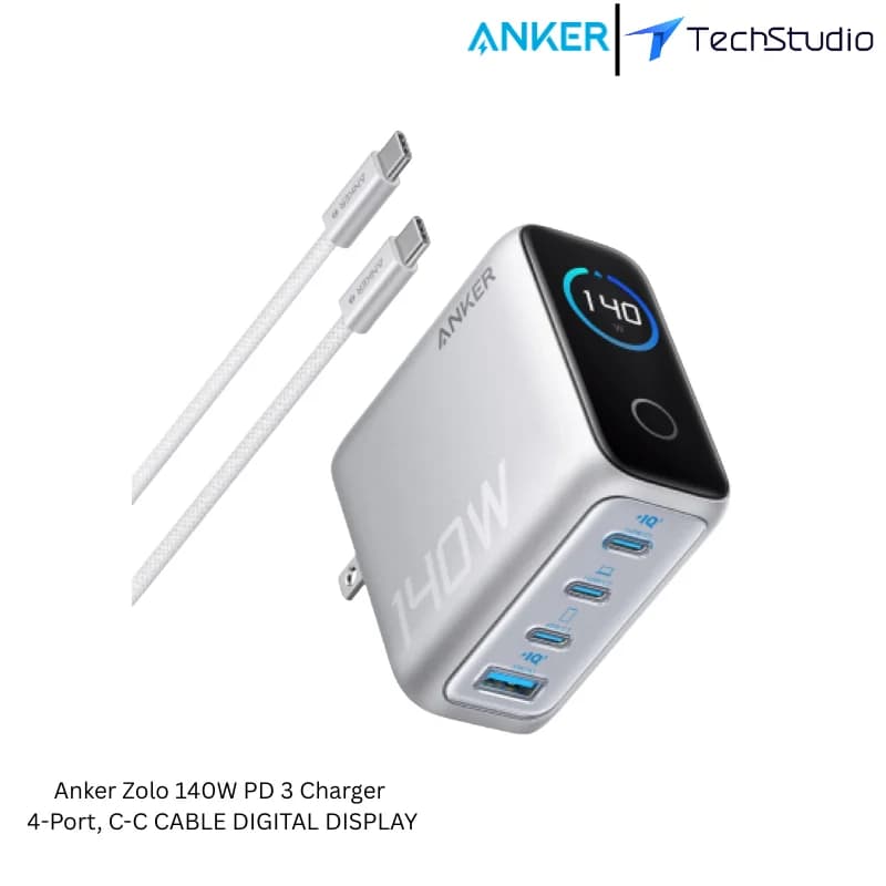 Anker Zolo 140W PD 3 Charger 4-Port, C-C CABLE DIGITAL DISPLAY - Silver