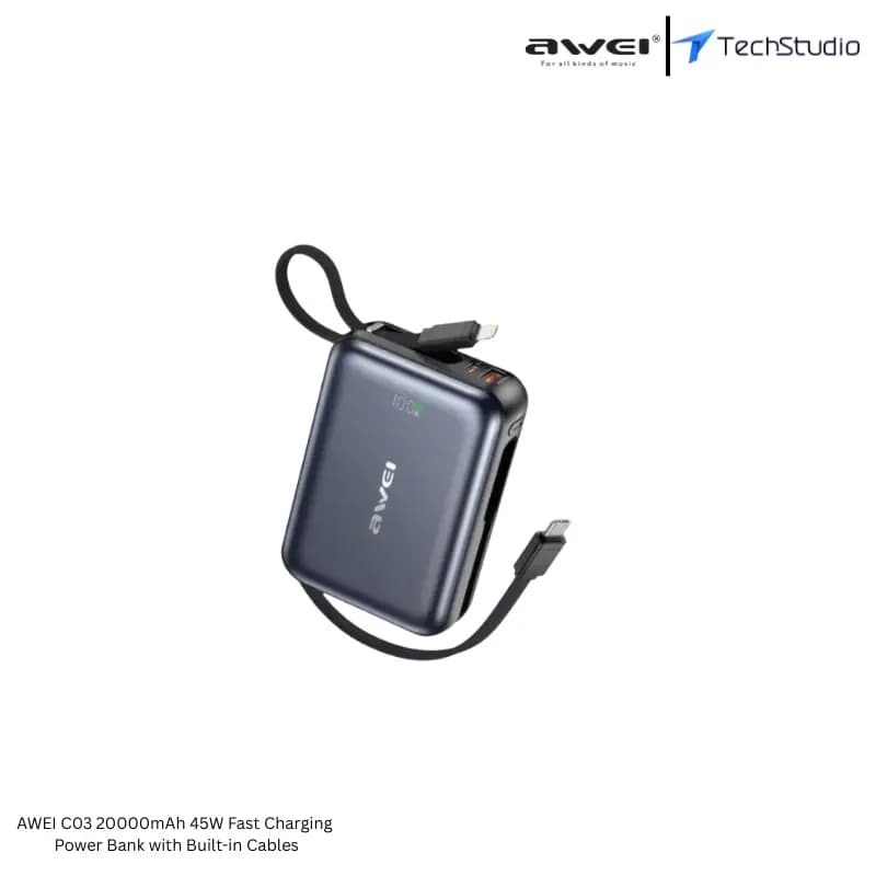 Awei C03 20000mAh 45W Fast Charging Power Bank Price in BD | TechStudio - Black