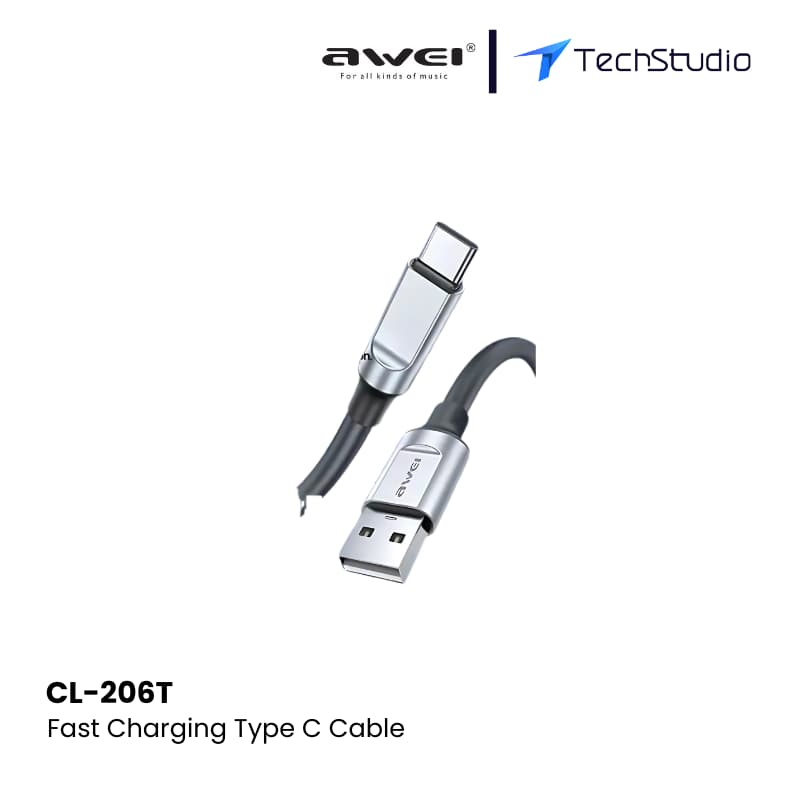 Awei CL-206T 1m Type-C Intelligent Fast Charging Cable 5.A Fast Data Transmission Flexible & Durable - Grey