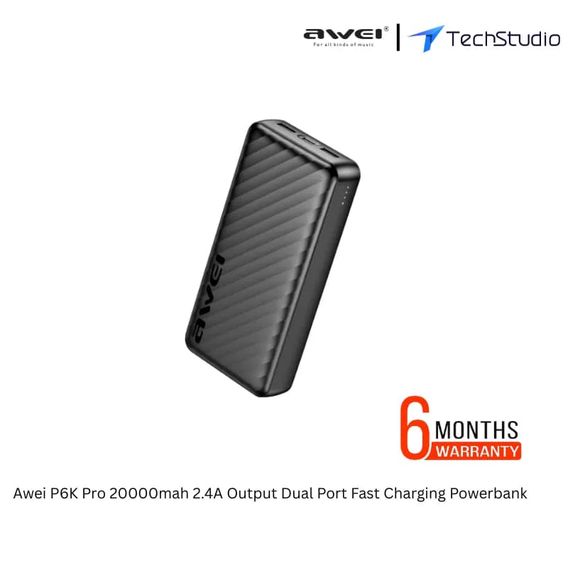 Awei P6K Pro 20000mah 2.4A Output Dual Port Fast Charging Powerbank - Black