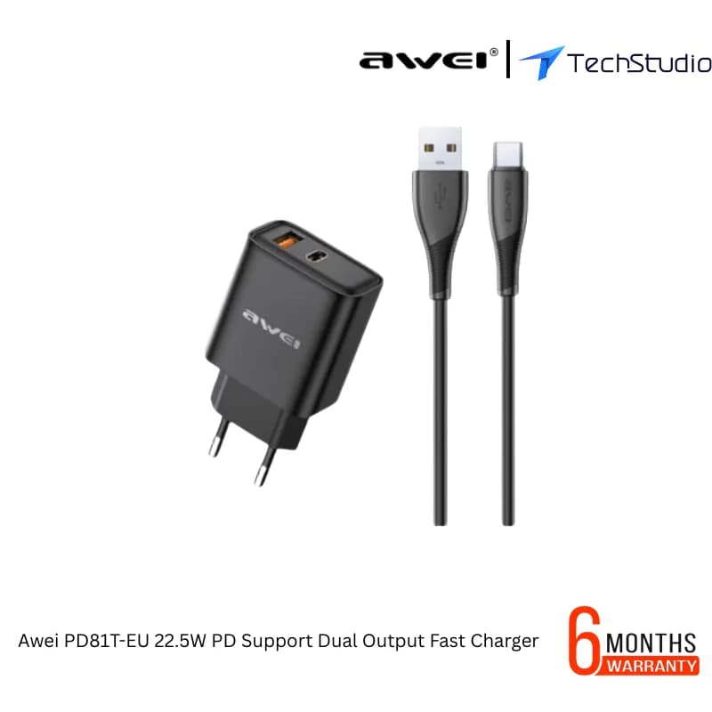 Awei PD81T-EU 22.5W PD Support Dual Output Fast Charger with Cable - Black
