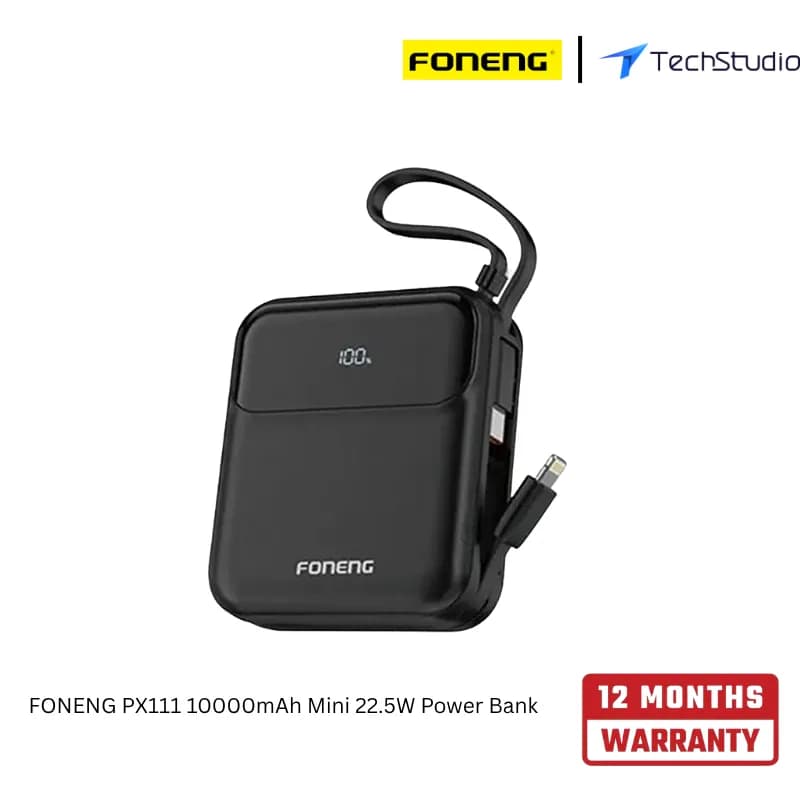 FONENG PX111 10000mAh Mini 22.5W Power Bank with 2 Built-in Cables - Black