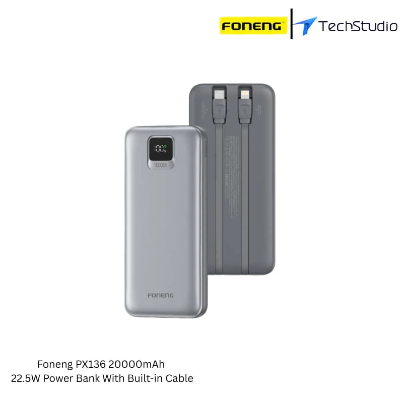 Foneng PX136 20000mAh 22.5W Power Bank with Built-in Cable - Grey