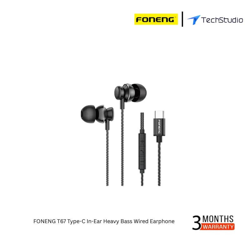 FONENG T67 Type-C In-Ear Heavy Bass Wired Earphone - Black