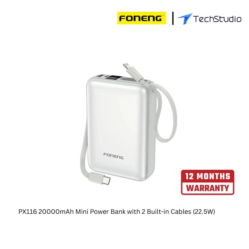 Foneng PX116 20000mAh 22.5W Dual Cable Mini Power Bank - Silver