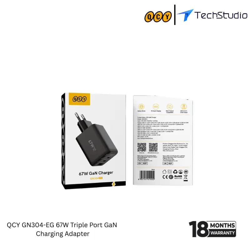 QCY GN304-EG 67W Triple Port GaN Charging Adapter - Black