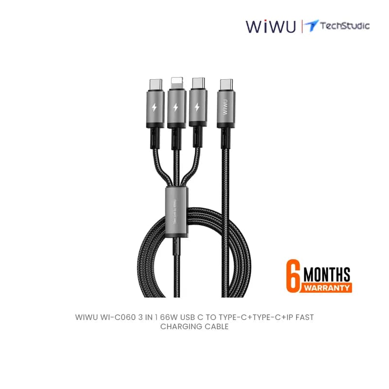 WiWU Wi-C060 3 in 1 66W USB C to Type-C+Type-C+IP Fast Charging Cable - Black